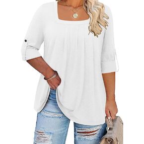 Kancystore Women's Plus Size Tops Square Neck Roll Up Long Sleeve Fall Shirts Pleated Tunic Blouses White 2X
