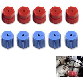 10 PCS Car Air Conditioning Service Valve Cover Kit, 0.53" Low and 0.65" High Pressure A/C System Port Cover with Sealing Rubber Ring, R134a Replacement Cover, Universal for Cars (Blue & Red)