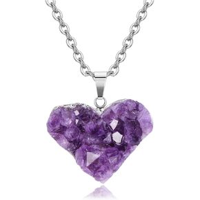 Top Plaza Raw Amethyst Crystal Necklace for Women Heart Natural Cluster Druzy Pendant Necklaces Handmade Healing Gemstone Quartz Jewelry Gift