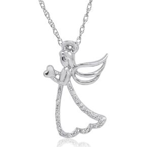 Winged Angel with Heart Diamond Pendant Necklace in Sterling Silver on an 18inch Sterling Silver Chain | Real Diamonds Necklaces for Women