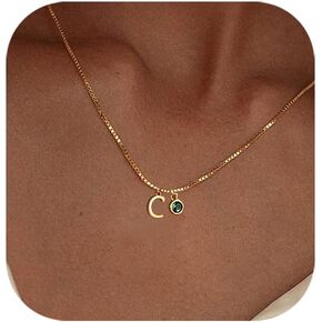 Dainty Gold Initial Necklaces for Women Trendy, 14k Gold Plated Letter A-Z Necklace Green Pendant Necklace Cute Letter Name Choker Necklaces Simple Gold Jewelry for Women Gifts
