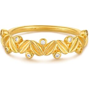 Gold Leaf Ring for Women Diamond Cubic Zirconia 14K Gold Plated Minimalist Stack Thin Band Finger Jewelry Size 6-8