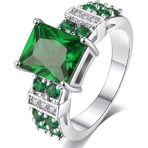 Classic Cubic Zirconia Green Simulated Emerald Cut Fashion CZ Square Cut Cocktail Wedding Statement Ring For Women White Gold Plated