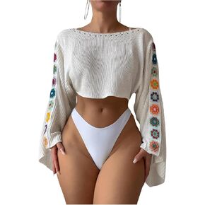 WDIRARA Women's Crochet Boho Cover Up Top Boat Neck Long Sleeve Swimsuit Beach T Shirt