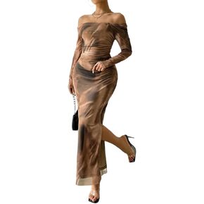 Women's Printed Off Shoulder Dress Long Sleeve Bodycon Maxi Dress Mesh Layered Side Slit