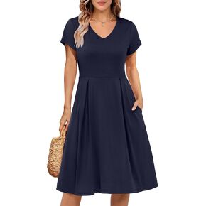 ANRABESS Women Summer Dress Casual Short Sleeve V Neck A-Line Knee Length Pleated Flowy 2025 Fashion Midi Dresses with Pocket