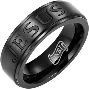 Willis Judd Christian Jesus Titanium Men's Ring 7mm Wide Engraved Jesus INRI with Cross