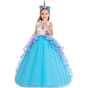 Girls Unicorn Birthday Costume Princess Tulle Dress Sleeveless Christmas Party Wedding Pageant Ball Gown w/Headband