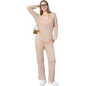 HEARTNICE Womens Ribbed Knit Pajamas Set Soft Lounge V Neck Pjs Casual Sleepwear 2 Piece Long Sleeve Outfits