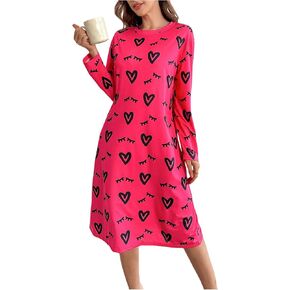 SweatyRocks Women's Graphic Heart Pajama Dress Long Sleeve Oversized Nightgowns Sleep Dress Loungewear