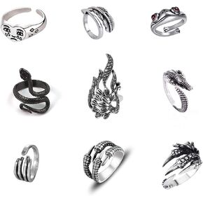 9PCS Frog Rings Animal Snake Dragon Claw Ring Vintage Open Punk Gothic Grunge Rings Adjustable Rings for Women Girls Men