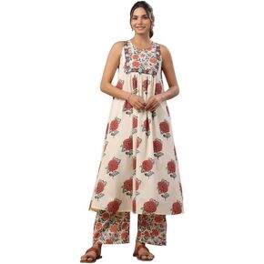 مجموعة كورتا النسائية الهندية من Janasya مصنوعة من القطن الكريمي والزهور in Kuwait