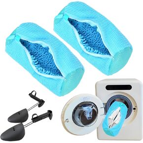 Shoe Washing Machine Bag，laundry shoe bag for washer and dryer,AroundReusable Shoe Zipper Washing Bag for All Shoe Types and Sizes,with 1 Pairs of Adjustable Shoe Trees(Blue 2pcs)