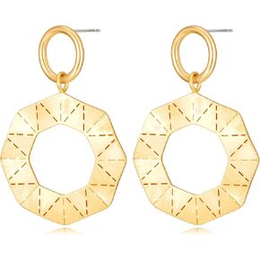 Gold Earrings for Women 14k Gold Plated Geometric Dangle Earrings Lightweight Minimalist Handmade Hammered Texture Oval Disc Drop Double-layer Big Hoop Dangle Earrings for Women