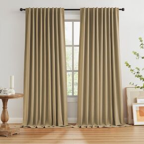 KEQIAOSUOCAI Burlap Color Camel Linen Full Blackout Curtains for Living Room, Farmhouse Rustic Textured Back Tab Vertical Drapes for Country Villa, 2 Panels, 72 Inch/6 FT Wide x 96 Inches Long 8FT