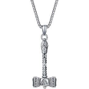Viking Thor's Hammer Necklace For Men Women Vintage Norse Mjolnir Hammer Amulet Powerful Protection Jewelry Gifts Stainless Steel 24 inches