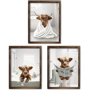 ARTINME Set of 3 Funny Highland Cow Bathroom Wall Art Farmhouse Wall Decor for Bathroom Decor Wooden Print Decor For Guest Room Barhtoom Framed 11x14 inch