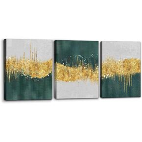 Pacimo Canvas Art Wall Decor Geometric Gold Green Pictures Strokes Abstract Shapes Illustrations Painting Prints on Canvas 3 Pieces Modern Artwork Stretched and Framed Ready to Hang - 12" x 16" x 3