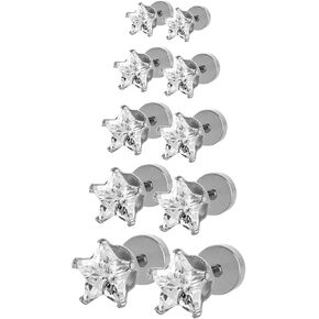 JewelrieShop Assorted Sizes Shiny Cubic Zirconia Star Front Hypoallergenic Flat Back Screw Stud Earrings