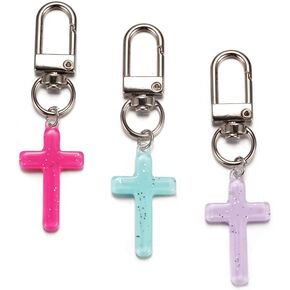 Small Glitter Cross Keychain for Women 3pcs Pack Sky Blue Purple Rose Red Car Keys Ring Accessories Clip Handbag Purse Backpack Pendant Charms CROSSBRP