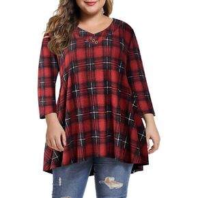 MONNURO Womens Plus Size 3/4 Sleeve V Neck Button Casual Loose Flowy Swing Tunic Tops Plaid Shirts for Leggings(Plaid Winered Pattern,5X