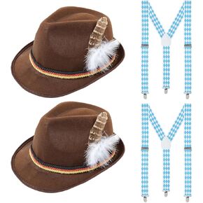 4PCS German Oktoberfes Outfits for Men, Oktoberfest Men Suspenders and Oktoberfest Alpine Fedora Hat, Y Shape Elastic Adjustable Men Braces Suspenders for Carnival Oktoberfest Blue