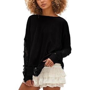 Trendy Patchwork Lace Tops for Women Crew Neck Mesh Long Sleeve Tops See Through Oversized T Shirts Solid Tee Tops