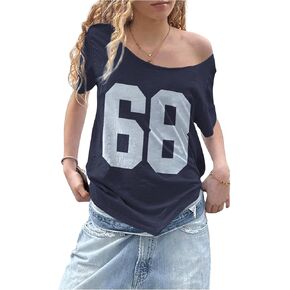 Women's Jersey Y2K Graphic One Shoulder Number Print Streetwear T Shirts Short Sleeve Loose Casual Tee Tops