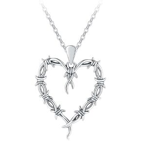 Heart Thorn Necklace 925 Sterling Silver - Gothic Barbed Wire Vintage Rose Heart Necklace for Women Man Punk Halloween Jewelry Gift