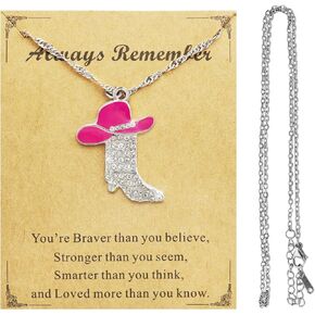 RechicGu Sparkly Rhinestone Western Boots Pendant Cowgirl Cowboy Necklace with Extra Stainless Steel Chain, Enamel Hat Bohemian Rodeo Boot Charm Jewelry Gift for Women,2pcs