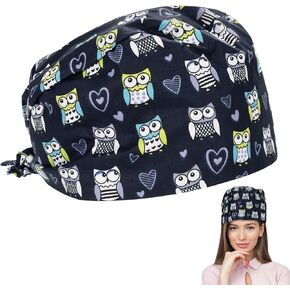 Owl Scrub Hat Cartoon Bouffant Scrub Caps Women Work Cap for Long Hair Cover Adjustable Scrub Turban Cap Bouffant Hats with Sweatband Working Cap Cotton Hat for Women Men Gift (Dark Blue)