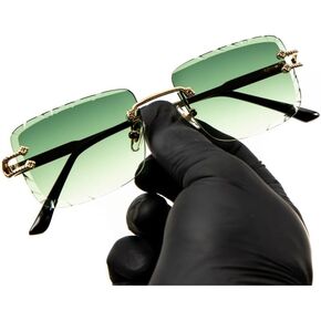 Street Knitted Stylish Luxury Green Tint Gem Cut Lens Unisex Square Rimless Retro 90's Hip Hop Gold Wire Frame Sun Glasses Frameless Rectangle Summer Shades Sunglasses For Men And Women