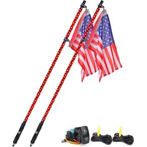 Xprite Red LED 4FT Spiral Whip Lights, 2PCs Flexible Whip Pole Safety Lighted Antenna w/American Flag for Sand Dune Buggy Offroad UTV ATV Polaris RZR Can-Am Maverick X3 4X4 Trucks Jeep Side by Side
