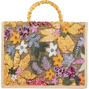 Bamboo Handle Sequin Embroidered Floral Tote Bag Evening Handbag for Wedding Party