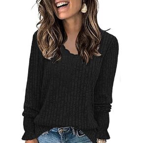 Women Solid Lightweigh Sweaters V-Neck Lace Tops Soft Casual Warm Shirts Ribbed Tunic Puff Work Blouse