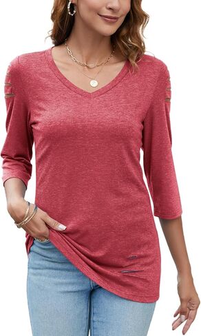 HOCOSIT Women 3/4 Sleeve Tunic Tops V Neck Ripped Cut Out Dressy Casual Petite Summer Shirts 2024 in Kuwait