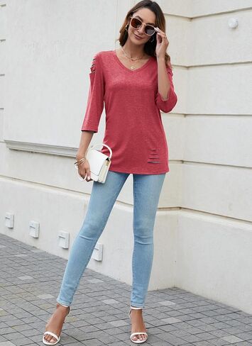 HOCOSIT Women 3/4 Sleeve Tunic Tops V Neck Ripped Cut Out Dressy Casual Petite Summer Shirts 2024 in Kuwait