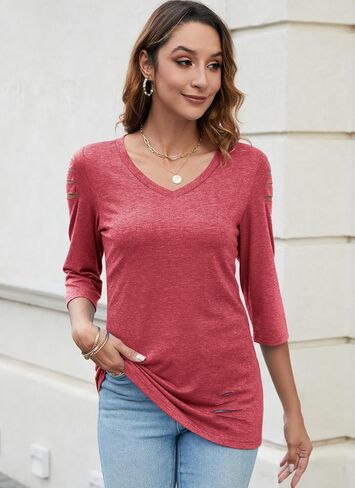 HOCOSIT Women 3/4 Sleeve Tunic Tops V Neck Ripped Cut Out Dressy Casual Petite Summer Shirts 2024 in Kuwait