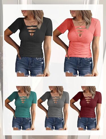 المرأة الخامس الرقبة قصيرة الأكمام المجهزة مثير الصيف العصرية تونك المحملة الأعلى كريسس الصليب مضلع عارضة قميص ضئيلة بلوزة in Kuwait