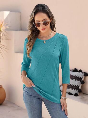 EADINVE Womens 3/4 Sleeve T-Shirts Casual Crew Neck Pleated Tops Basic Tees Loose Fit Tunic Pullover in Saudi Arabia