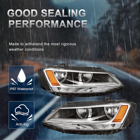 Headlights Assembly Replacement Compatible with 2011-2018 Volkswagen Jetta Halogen with Clear Lens Chrome Housing Amber Reflector Front Lamps Driver and Passenger Side (Set of 2) ‎ in Saudi Arabia