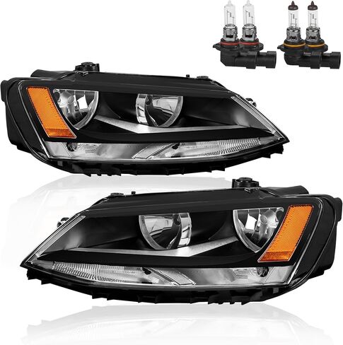 استبدال مجموعة المصابيح الأمامية متوافق مع 2011-2018 Volkswagen Jetta Halogen مع عدسة شفافة من الكروم ومبيت عاكس كهرماني ومصابيح أمامية للسائق وجانب الركاب (مجموعة من 2) in Kuwait