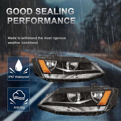 استبدال مجموعة المصابيح الأمامية متوافق مع 2011-2018 Volkswagen Jetta Halogen مع عدسة شفافة من الكروم ومبيت عاكس كهرماني ومصابيح أمامية للسائق وجانب الركاب (مجموعة من 2) in Kuwait