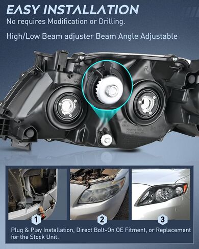 مجموعة المصابيح الأمامية Nilight متوافقة مع 2009 2010 Toyota Corolla XLE/LE/Base للمصابيح الأمامية البديلة باللون الأسود للسائق وجانب الركاب (لا تناسب S أو XRS Trim) in Kuwait