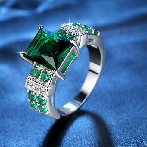 Classic Cubic Zirconia Green Simulated Emerald Cut Fashion CZ Square Cut Cocktail Wedding Statement Ring For Women White Gold Plated in Saudi Arabia