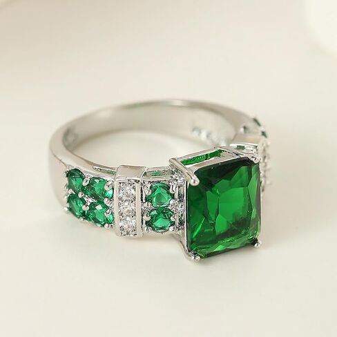 Classic Cubic Zirconia Green Simulated Emerald Cut Fashion CZ Square Cut Cocktail Wedding Statement Ring For Women White Gold Plated in Saudi Arabia