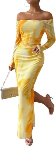 Women's Printed Off Shoulder Dress Long Sleeve Bodycon Maxi Dress Mesh Layered Side Slit in Saudi Arabia