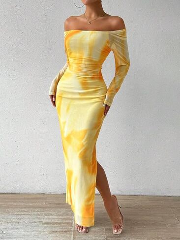 Women's Printed Off Shoulder Dress Long Sleeve Bodycon Maxi Dress Mesh Layered Side Slit in Saudi Arabia