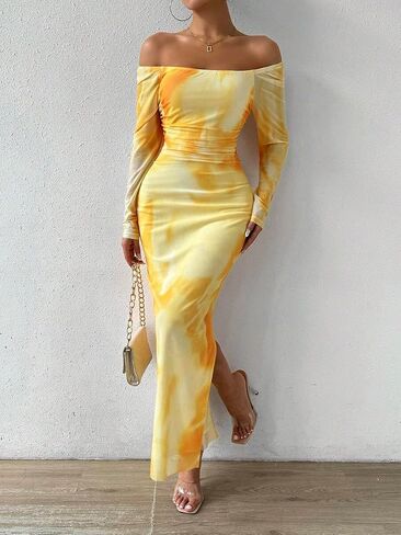 Women's Printed Off Shoulder Dress Long Sleeve Bodycon Maxi Dress Mesh Layered Side Slit in Saudi Arabia