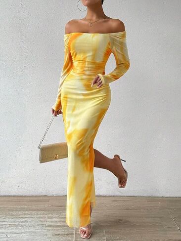 Women's Printed Off Shoulder Dress Long Sleeve Bodycon Maxi Dress Mesh Layered Side Slit in Saudi Arabia